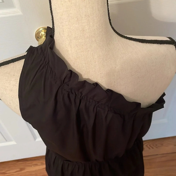 Lush Black One Shoulder Ruffled Edge Black Dress Lined Small Elastic Waist EUC - Picture 5 of 11